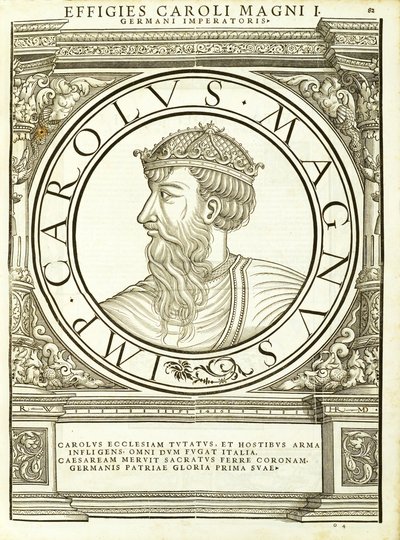 Carlo Magno, illustrazione da Imperatorum romanorum omnium orientalium et occidentalium verissimae imagines ex antiquis numismatis, xilografia di Rudolph Wyssenbach, stampata da Andreas Gesner, Zurigo da Hans Rudolf Manuel Deutsch